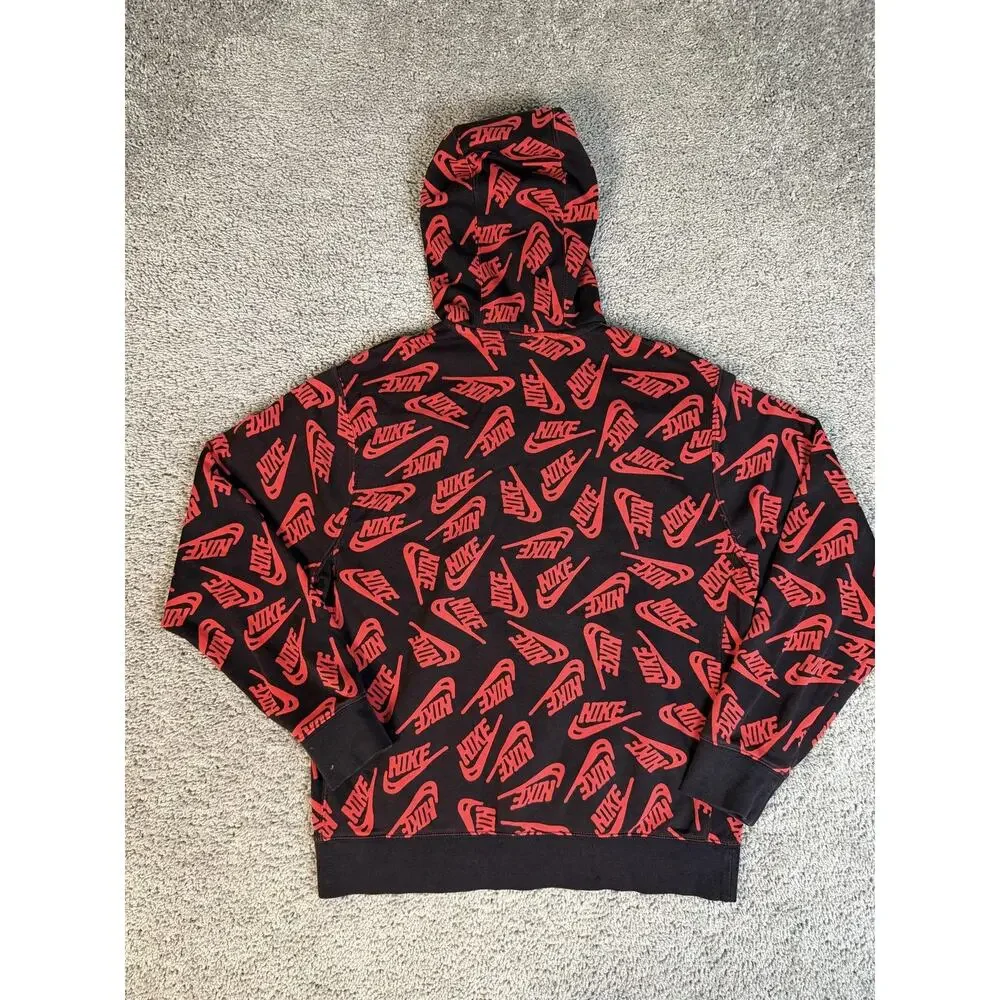 Nike Hoodie Mens M Black Pullover Hooded Drawstring Pockets Graphic Print Lined